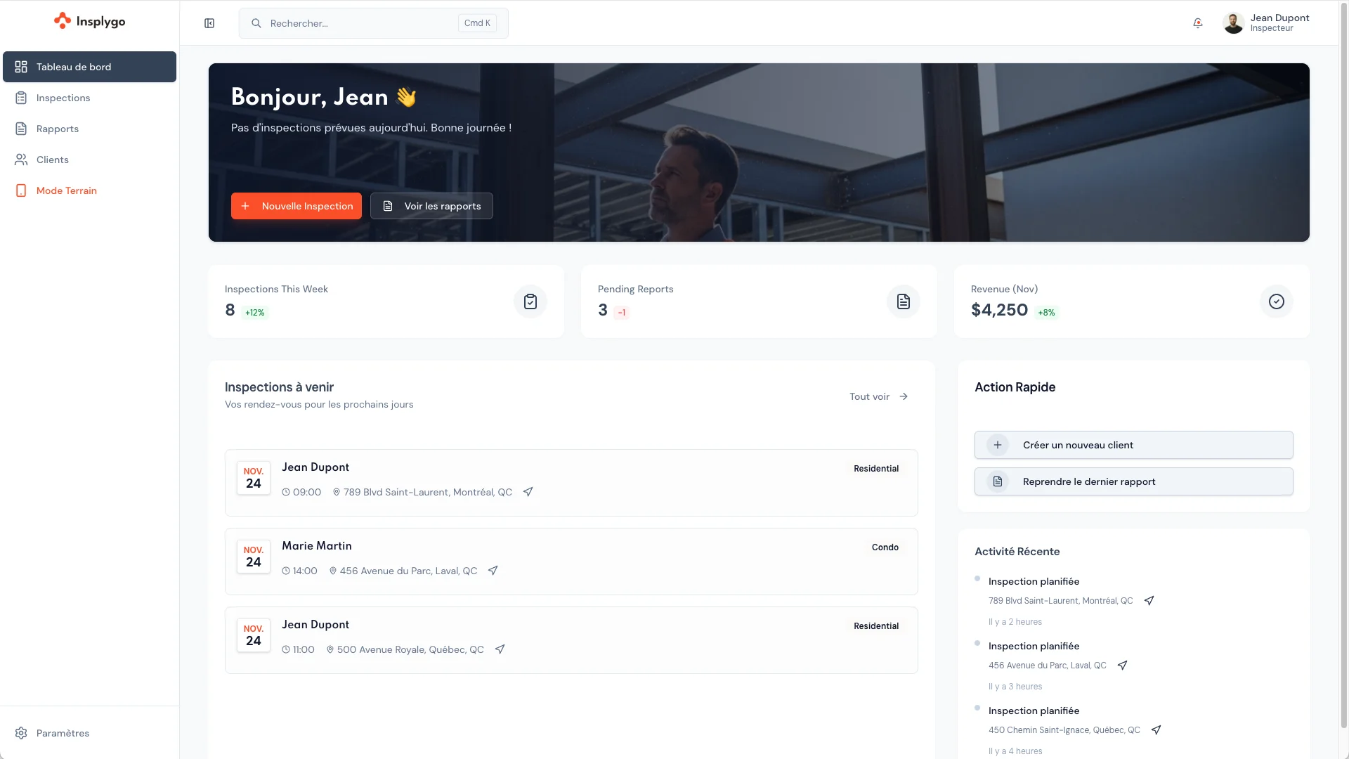 Aperçu du tableau de bord Insplygo